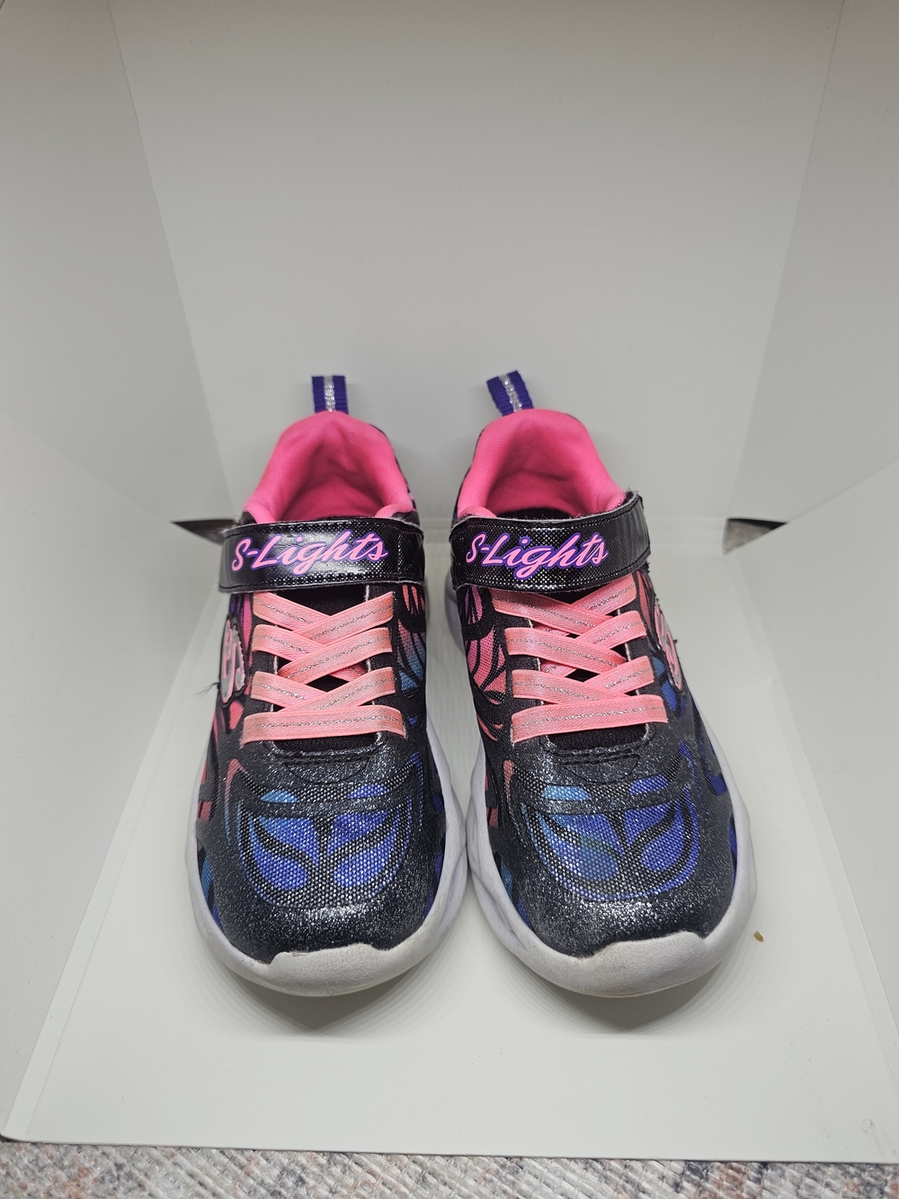Skechers S-Lights Kids Black Sneakers with Pink & Blue Accents